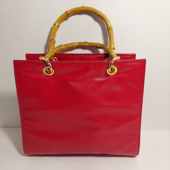 Handbags - Giorgio Beverly Hills Hand Bag Red Faux Leather Bamboo Straps Minor Damage